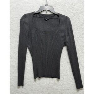 Carolyn Taylor Women's Gray Ribbed Knit Long Sleeve Square Neck Top‎ XL Y2K